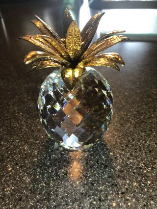 Swarovski Crystal Pineapple Figurine With Gold Leaves And Box