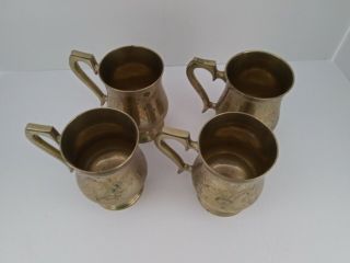 Set Of 4 Large Solid Brass Etched Indian Antique Mug Tankards