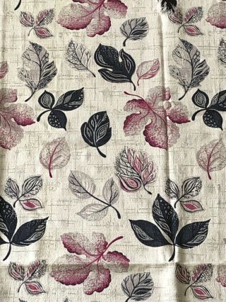 Vintage Bark Cloth Fabric Cutter 46x80 1940’s Botanical Leaf Print Burgundy Gray