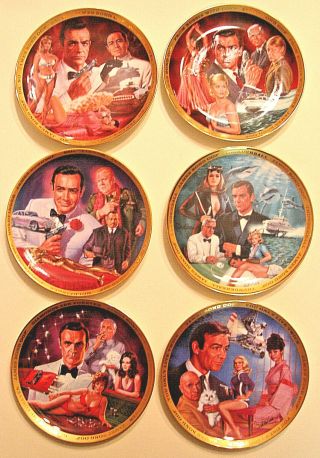 James Bond Collector Plates Complete Set Of 6 Franklin W/orig Box & 5 