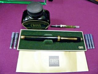 Cross Townsend Black Lacquer Fountain Pen,  Ink Bottle,  Converter,  Solid 14k Nib