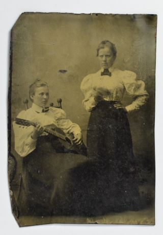Tintype Photo Two Women Guitar Music (3663)