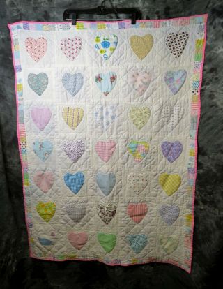 Vintage Baby Quilt Patchwork Applique Hearts 48 " X 34 "