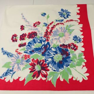 Vintage Cotton Tablecloth Bright Fuchsia Pink Red Blue Floral 46 X 49” Euc