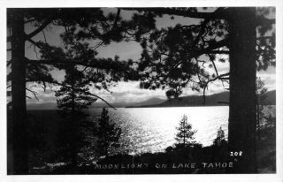 Rppc " Moonlight On Lake Tahoe " California - Nevada Ca 1940s Vintage Postcard