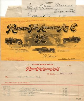 Billhead Advertising Robinson Fire Apparatus St Louis Missouri 1915 Truck Engine