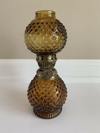 Vintage Small Amber Hobnail Glass Hurricane Oil Lamp W/ Hobnail Glass