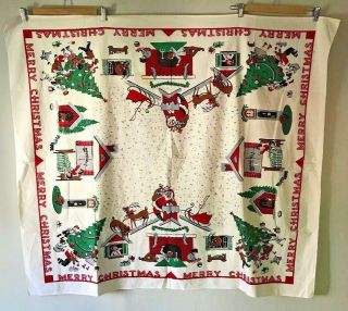 Vintage 1950s Merry Christmas Tablecloth - Cotton