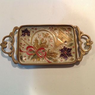 Vintage Brass Metal Trinket Tray Ornate Floral Design
