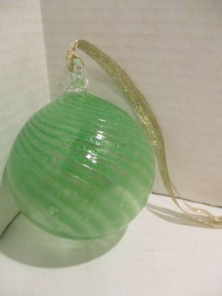 Hand Blown Green Swirl Glass Ball Christmas Ornament With Gold Ribbon