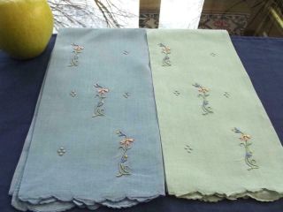 2 Blue & Sage Green Linen Guest Towels Madeira Hand Embroidered Dainty Flowers