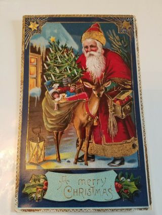 Antique Cristmas Postcard A Merry Christmas Santa With Presents.