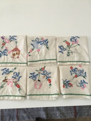 Vintage Hand Embroidered Napkins Tea Towels Whimsical Blue Birds Set Of 6