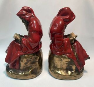 Red Robed student monk bookends Pompeian Bronze clad,  orig paint 1925 2