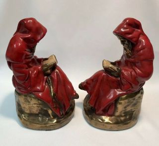 Red Robed student monk bookends Pompeian Bronze clad,  orig paint 1925 4