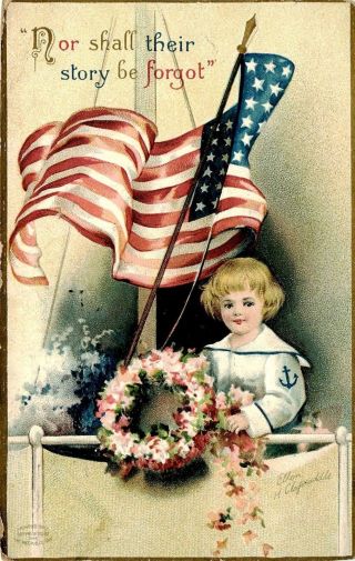 Clapsaddle Patriotic Memorial Day Boy In Sailor Suit Holding Wreath 1910