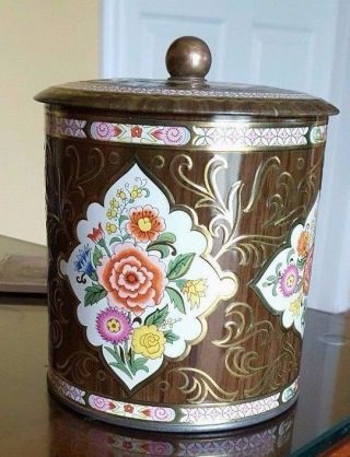 Vintage Floral And Gold Trimmed Tin By Daher,  England 6 1/4 " Tall,  5 " Diam.