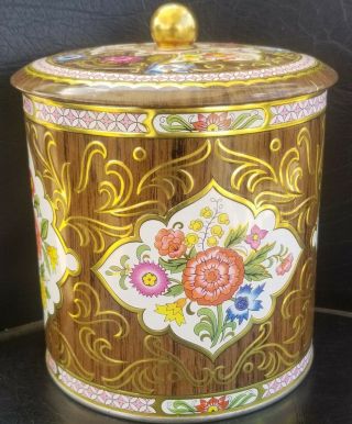 Vintage Daher Floral And Gold Trimmed Tea Tin England 6 1/4 " Tall,  5 " Diam.