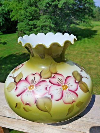 Vintage Green Milk Glass Hurricane/oil Lamp Shade W/hand Painted Pink Flowers