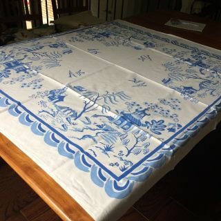 Vtg Tablecloth Kitchen White Blue Asian Inspired Simtex 52x48 " Farm Cot Chic Tag