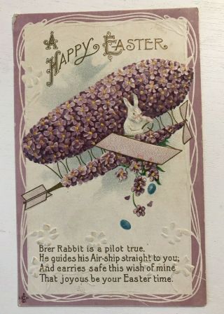 Bunny Rabbit In Flowery Airplane Antique Embossed Fantasy Easter Postcard - C885