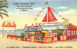 San Diego Ca Red Sails Inn Curt Teich Linen Postcard