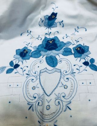 Hand Made Vintage Embroidered Blue Roses Coverlet/sheet Pillow Cases