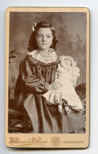 Victorian Girl With Doll & Pearl Beads Necklace,  Vintage Cdv Photo,  Cardiff,  Uk