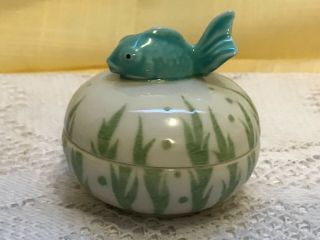 Fish Lidded Round Trinket Box Green And White Porcelain Andrea By Sadek