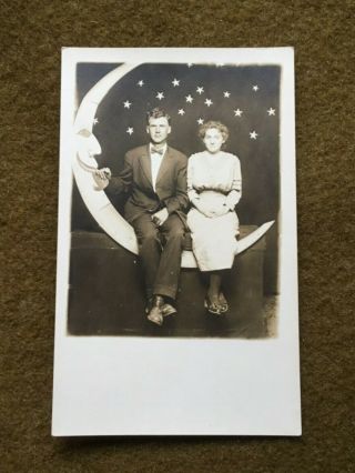 1910 Real Photo Postcard Rppc - Paper Moon Unhappy Looking Couple Hand In Mouth