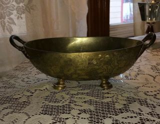 Vintage Solid Brass Bowl With Decorative Handles