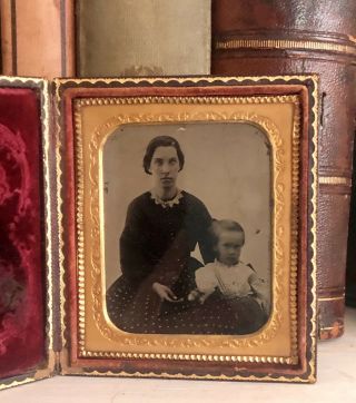 Tintype Photo Full Case Woman Child Antique Civil War Era Victorian 1860s