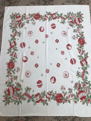 Vintage Christmas Tablecloth Shiny Brite Ornaments Holly Snowman Noel Santa