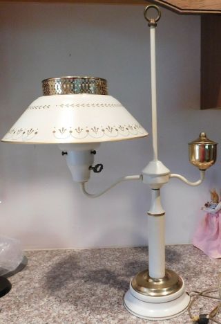 Vintage Mid Century Modern Cream & Gold Metal & Glass Student Desk Table Lamp