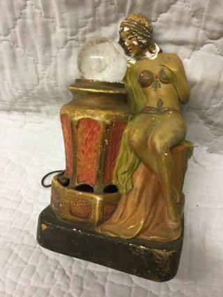 Antique Art Deco Chalkware Gypsy Fortune Teller Mystical Lady Crystal Ball Lamp