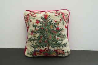 Vtg Hand Crafted Needlepoint Christmas Tree Throw Pillow Velvet Back Decor Small