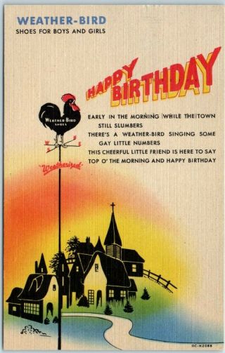 Weather - Bird Shoes Advertising Postcard Happy Birthday Weather Vane Linen 1952