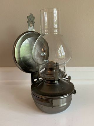 Vintage Metal & Glass Hurricane Oil Lamp W/ Wall Mount Reflector - Hong Kong