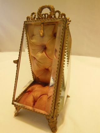 Antique French 3 Sided Beveled Glass Ormolu Gilt Jewelry Casket Trinket Box