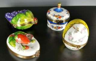 4 Peint Main Limoges Hinged Trinket Boxes Sewing Scissors Egg Grapes Strawberry