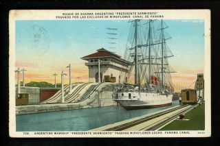 Panama Canal Zone Us Vintage Postcard Miraflores Locks War Ship Dual - Language