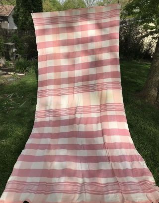 Vtg Blanket Double Length Lightweight Wool Camp Pink & White Plaid 144 " X 72 "