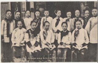 1916 Penang Chinese Girls W/ Tiny Feet Postcard Malaysia Perak Bound Feet China