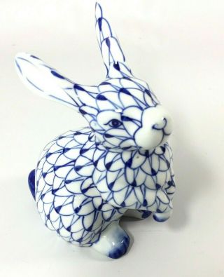 Andrea By Sadek Bunny Rabbit Figurine Blue Fishnet Design Porcelain Hand - Painted