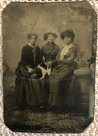 Tintype Photo Of Three Woman With Fancy Hats Blacks