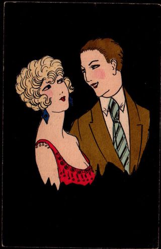 Ab1866 Hand Made Drawn Coloured Postcard In Black Of Glamour Couple