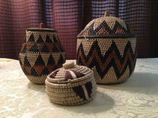 Three Vintage African Zulu Basket With Lids - Hand Made