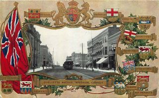 Postcard Street Scene W/ Street Car Trolley,  Windsor,  Canada - Embossed Flags