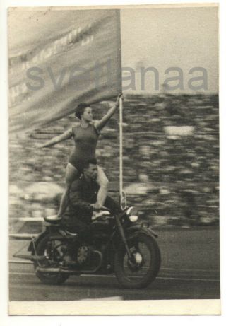 1957 Soviet Sport Parade Young Woman Flag Man Motorcycle Bike Ussr Vintage Photo