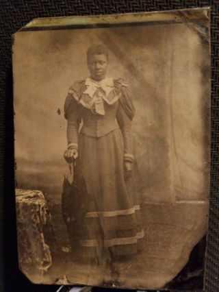 African American Woman W/ Umbrella Sixth Plate Tintype.